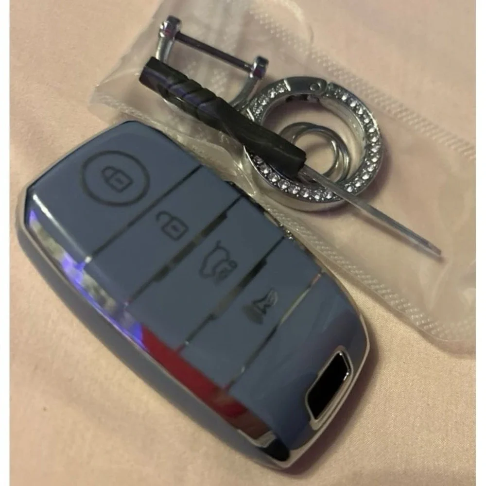 NEW Blue Grey Soft TPU Key Fob Cover & Keychain for Kia K5/Sportage/Sorento